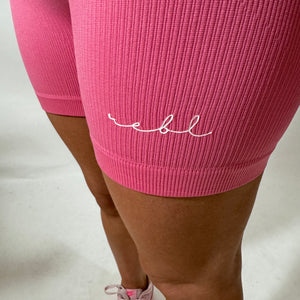 Luxe Bubblegum Pink r.e.b.l Logo High Waisted Ribbed Shorts