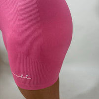 Load image into Gallery viewer, Luxe Bubblegum Pink r.e.b.l Logo High Waisted Ribbed Shorts
