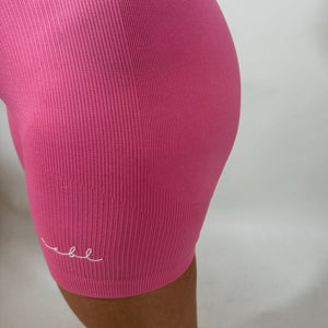 Luxe Bubblegum Pink r.e.b.l Logo High Waisted Ribbed Shorts