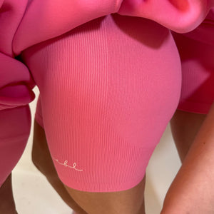 Luxe Bubblegum Pink r.e.b.l Logo High Waisted Ribbed Shorts