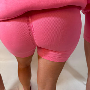 Luxe Bubblegum Pink r.e.b.l Logo High Waisted Ribbed Shorts