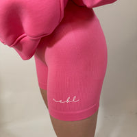 Load image into Gallery viewer, Luxe Bubblegum Pink r.e.b.l Logo High Waisted Ribbed Shorts
