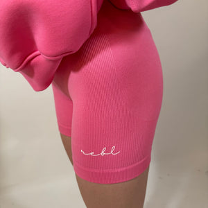 Luxe Bubblegum Pink r.e.b.l Logo High Waisted Ribbed Shorts