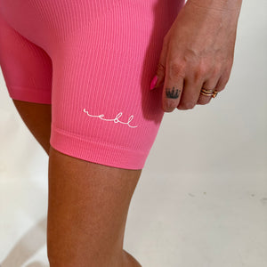 Luxe Bubblegum Pink r.e.b.l Logo High Waisted Ribbed Shorts