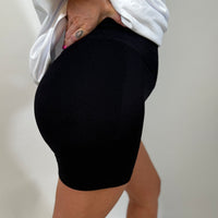 Load image into Gallery viewer, Luxe Black r.e.b.l Logo High Waisted Ribbed Shorts
