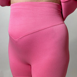 Luxe Bubblegum Pink r.e.b.l Logo High Waisted Ribbed Shorts